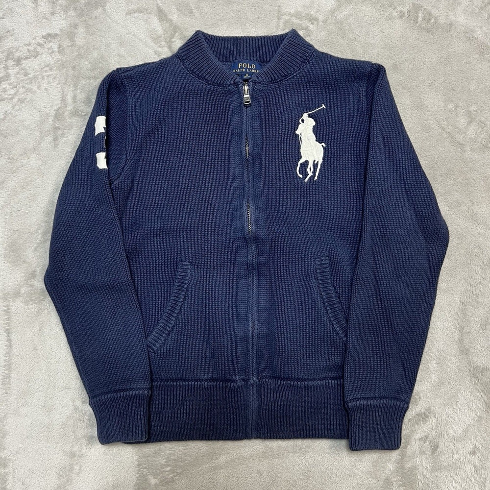 Polo Ralph Lauren Boys Navy Blue Big Pony Full Zip Knit Cardigan Sweater Size M